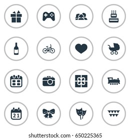 Vector Illustration Set Of Simple Holiday Icons. Elements Decorations;, Box, Beverage And Other Synonyms Date, Decorations And People.