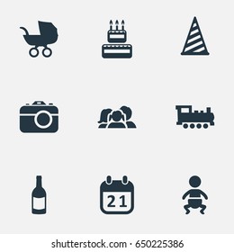 Vector Illustration Set Of Simple Holiday Icons. Elements Beverage, Infant, Camera And Other Synonyms Hat, Baby And Party.