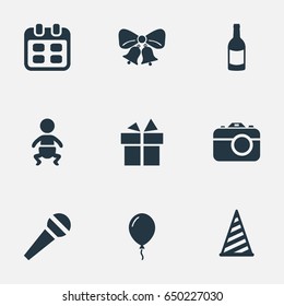 Vector Illustration Set Of Simple Holiday Icons. Elements Aerostat, Speech, Camera And Other Synonyms Ribbon, Infant And Microphone.
