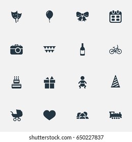 Vector Illustration Set Of Simple Holiday Icons. Elements Mask, Ribbon, Train And Other Synonyms Baby, Steam And Soul.