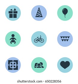 Vector Illustration Set Of Simple Holiday Icons. Elements Aerostat, Domestic, Cap And Other Synonyms Bike, Heart And Cap.