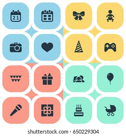 Vector Illustration Set Of Simple Holiday Icons. Elements Camera, Baby Carriage, Resonate And Other Synonyms Ribbon, Photo And Kid.