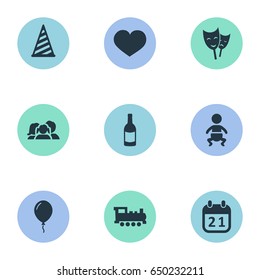 Vector Illustration Set Of Simple Holiday Icons. Elements Special Day, Infant, Mask And Other Synonyms Train, Beverage And Infant.
