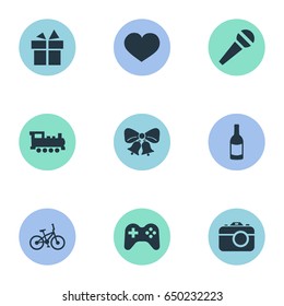 Vector Illustration Set Of Simple Holiday Icons. Elements Resonate, Camera, Train And Other Synonyms Speech, Champagne And Fizz.