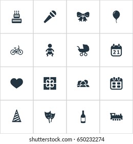 Vector Illustration Set Of Simple Holiday Icons. Elements Mask, Speech, Baby Carriage And Other Synonyms Bells, Date And Schedule.