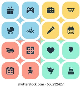 Vector Illustration Set Of Simple Holiday Icons. Elements Special Day, Train, Game And Other Synonyms Decorations, Sweetmeat And Theater.