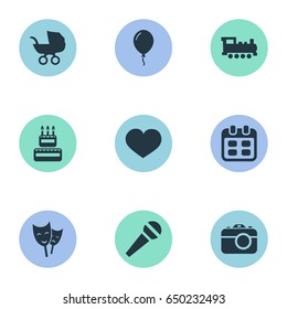 Vector Illustration Set Of Simple Holiday Icons. Elements Confectionery, Baby Carriage, Mask And Other Synonyms Voice, Sweetmeat And Actor.