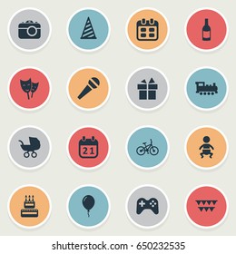 Vector Illustration Set Of Simple Holiday Icons. Elements Camera, Days, Infant And Other Synonyms Voice, Cake And Decorations.