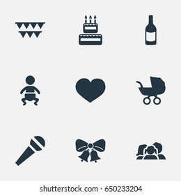 Vector Illustration Set Of Simple Holiday Icons. Elements Decorations;, Soul, Baby Carriage And Other Synonyms Voice, Microphone And Party.