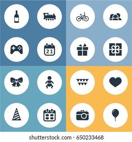 Vector Illustration Set Of Simple Holiday Icons. Elements Aerostat, Ribbon, Train And Other Synonyms Photo, Beverage And Party.