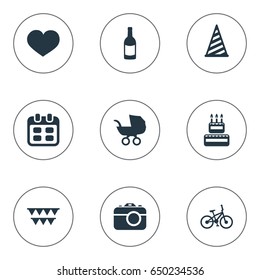 Vector Illustration Set Of Simple Holiday Icons. Elements Bicycle, Confectionery, Beverage And Other Synonyms Beverage, Soul And Date.