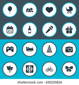 Vector Illustration Set Of Simple Holiday Icons. Elements Baby Carriage, Beverage, Soul And Other Synonyms History, Hat And Box.