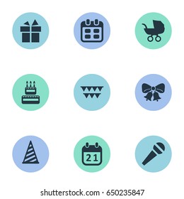 Vector Illustration Set Of Simple Holiday Icons. Elements Ribbon, Baby Carriage, Cap And Other Synonyms Cap, Calendar And Flags.