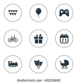 Vector Illustration Set Of Simple Holiday Icons. Elements Aerostat, Baby Carriage, Train And Other Synonyms Balloon, Mask And Carriage.