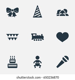 Vector Illustration Set Of Simple Holiday Icons. Elements Decorations;, Infant, Cap And Other Synonyms Domestic, Sweetmeat And Voice.