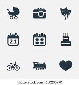 Vector Illustration Set Of Simple Holiday Icons. Elements Bicycle, Mask, Confectionery And Other Synonyms History, Confectionery And Date.