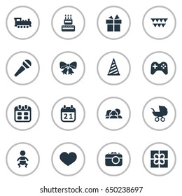 Vector Illustration Set Of Simple Holiday Icons. Elements Confectionery, Infant, Box And Other Synonyms Stroller, Bells And Ribbon.