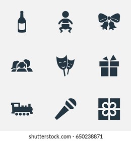 Vector Illustration Set Of Simple Holiday Icons. Elements Beverage, Train, Ribbon And Other Synonyms Steam, Mask And Locomotive.