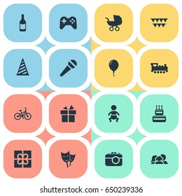 Vector Illustration Set Of Simple Holiday Icons. Elements Aerostat, Confectionery, Beverage And Other Synonyms Domestic, Locomotive And Actor.