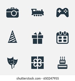 Vector Illustration Set Of Simple Holiday Icons. Elements Train, Camera, Mask And Other Synonyms Prize, Cap And Play.