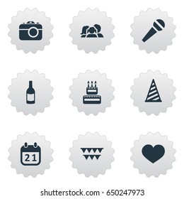 Vector Illustration Set Of Simple Holiday Icons. Elements Confectionery, Special Day, Beverage And Other Synonyms Camera, Party And Cake.