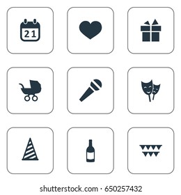 Vector Illustration Set Of Simple Holiday Icons. Elements Special Day, Ribbon, Speech And Other Synonyms Cap, Mask And Hat.