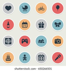 Vector Illustration Set Of Simple Holiday Icons. Elements Camera, Aerostat, Beverage And Other Synonyms Carriage, Prize And Champagne.