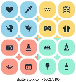 Vector Illustration Set Of Simple Holiday Icons. Elements Aerostat, Special Day, Bicycle And Other Synonyms Mask, Date And Balloon.