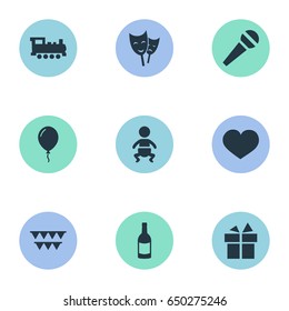 Vector Illustration Set Of Simple Holiday Icons. Elements Aerostat, Decorations;, Speech And Other Synonyms Microphone, Decorations And Fizz.