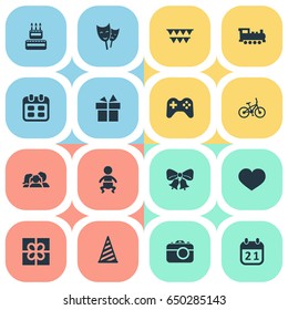 Vector Illustration Set Of Simple Holiday Icons. Elements Camera, Box, Bicycle And Other Synonyms Gift, Photo And Heart.