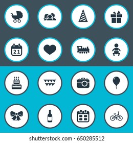 Vector Illustration Set Of Simple Holiday Icons. Elements Beverage, Decorations;, Baby Carriage And Other Synonyms Train, Aerostat And Beverage.