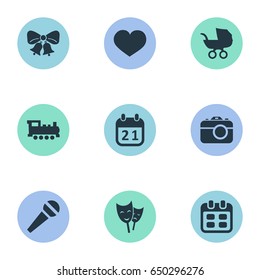 Vector Illustration Set Of Simple Holiday Icons. Elements Mask, Camera, Baby Carriage And Other Synonyms Actor, Voice And Days.