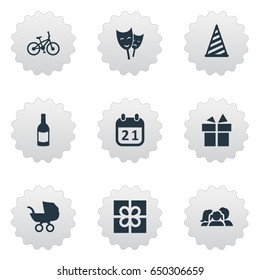 Vector Illustration Set Of Simple Holiday Icons. Elements Domestic, Special Day, Mask And Other Synonyms Theater, Family And Cap.