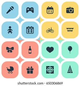 Vector Illustration Set Of Simple Holiday Icons. Elements Baby Carriage, Resonate, Camera And Other Synonyms Heart, Voice And History.