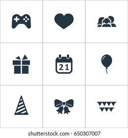 Vector Illustration Set Of Simple Holiday Icons. Elements Resonate, Decorations;, Soul And Other Synonyms Cap, Aerostat And People.