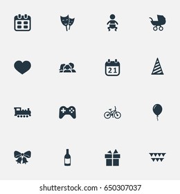 Vector Illustration Set Of Simple Holiday Icons. Elements Game, Aerostat, Decorations; And Other Synonyms Theater, Soul And Flags.