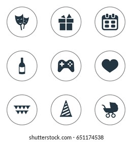 Vector Illustration Set Of Simple Holiday Icons. Elements Mask, Days, Beverage And Other Synonyms Gift, Days And Heart.