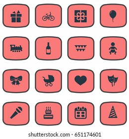 Vector Illustration Set Of Simple Holiday Icons. Elements Ribbon, Soul, Mask And Other Synonyms Champagne, Cake And Carriage.