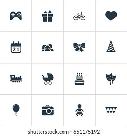Vector Illustration Set Of Simple Holiday Icons. Elements Bicycle, Game, Camera And Other Synonyms Actor, Party And Stroller.