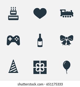 Vector Illustration Set Of Simple Holiday Icons. Elements Confectionery, Beverage, Cap And Other Synonyms Joystick, Steam And Balloon.
