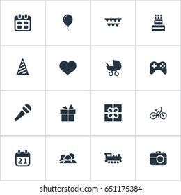 Vector Illustration Set Of Simple Holiday Icons. Elements Confectionery, Days, Domestic And Other Synonyms Balloon, Locomotive And Bike.