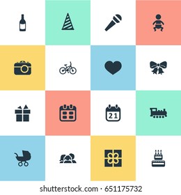 Vector Illustration Set Of Simple Holiday Icons. Elements Resonate, Domestic, Camera And Other Synonyms Day, Ribbon And Schedule.