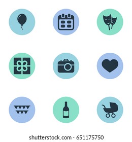 Vector Illustration Set Of Simple Holiday Icons. Elements Baby Carriage, Soul, Beverage And Other Synonyms Present, Camera And Actor.
