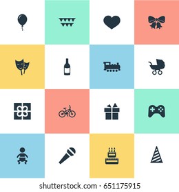 Vector Illustration Set Of Simple Holiday Icons. Elements Beverage, Train, Soul And Other Synonyms Ribbon, Microphone And Voice.