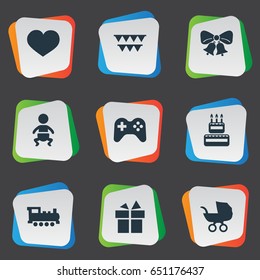 Vector Illustration Set Of Simple Holiday Icons. Elements Soul, Baby Carriage, Decorations; And Other Synonyms Cake, Heart And Soul.