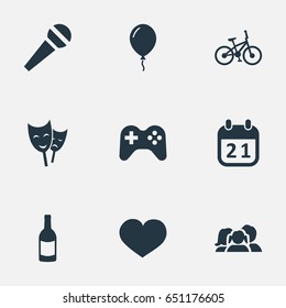 Vector Illustration Set Of Simple Holiday Icons. Elements Domestic, Beverage, Game And Other Synonyms Beverage, Champagne And Sky.