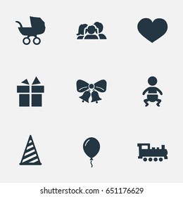 Vector Illustration Set Of Simple Holiday Icons. Elements Infant, Aerostat, Baby Carriage And Other Synonyms Gift, Carriage And Domestic.