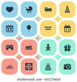 Vector Illustration Set Of Simple Holiday Icons. Elements Soul, Ribbon, Game And Other Synonyms Carriage, Confectionery And Joystick.