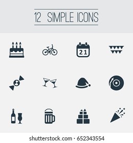 Vector Illustration Set Of Simple Holiday Icons. Elements Pub, Cake, Celebrating And Other Synonyms Pub, Cake And Decorations.