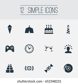 Vector Illustration Set Of Simple Holiday Icons. Elements Dj, Game, Stereo Sound And Other Synonyms Clock, Play And Gift.